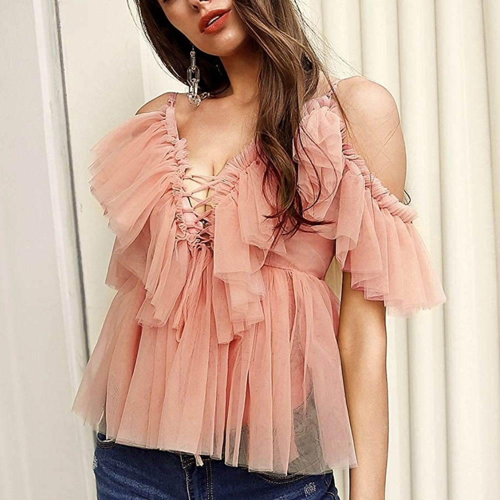 NWT - Romantic Ruffled Tulle Peplum Blouse – Cold Shoulder Lace-Up Top 🎀💕